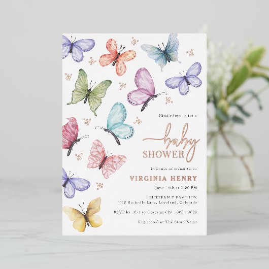 Boterfly Baby shower Invitation Folie Uitnodiging (Staand Voorkant)