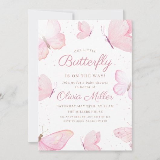 Boterfly Baby shower Invitation, Girl Baby shower Kaart (Voorkant)