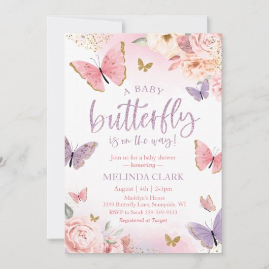 Boterfly Baby shower Invitation, Girl Baby shower Kaart (Voorkant)