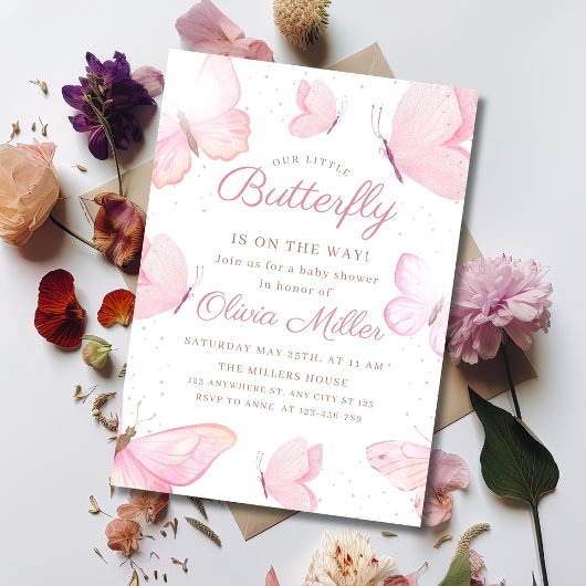 Boterfly Baby shower Invitation, Girl Baby shower Kaart