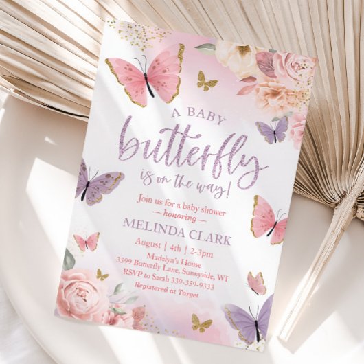 Boterfly Baby shower Invitation, Girl Baby shower Kaart