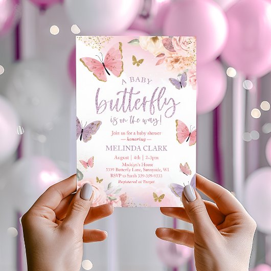 Boterfly Baby shower Invitation, Girl Baby shower Kaart