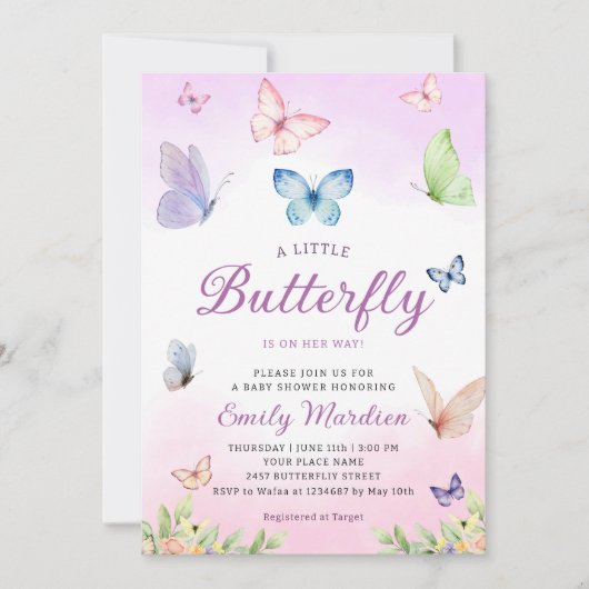 Boterfly Baby shower Invitation, Girl Baby shower Kaart (Voorkant)