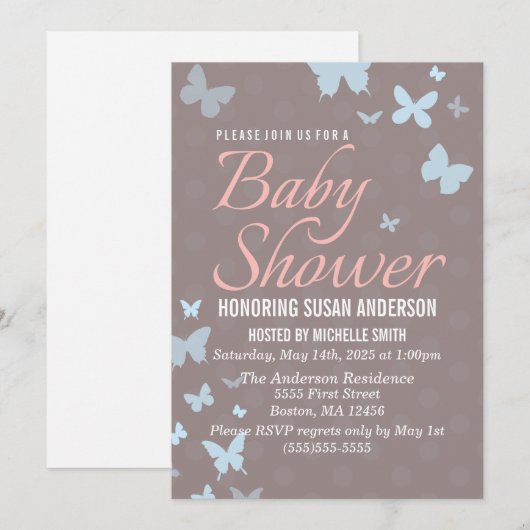 Boterfly Baby shower Invitation Kaart (Voorkant / Achterkant)