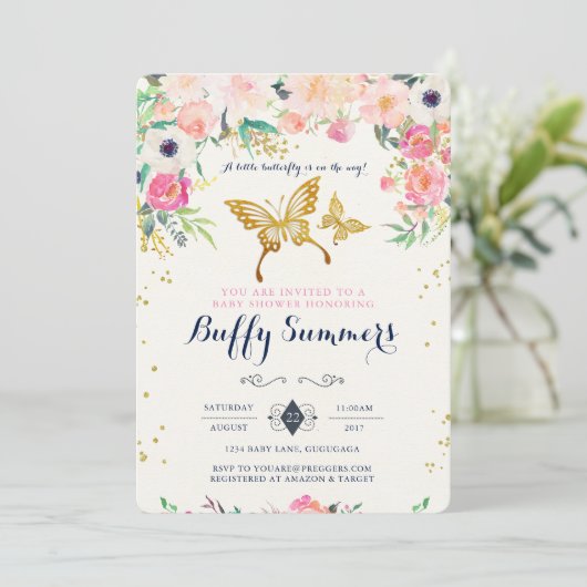 Boterfly Baby shower Invitation Kaart (Staand voorkant)