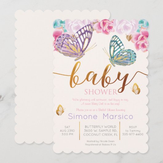 Boterfly Baby shower Invitation Kaart (Voorkant / Achterkant)
