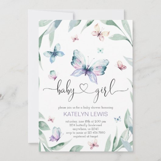 Boterfly Baby shower Uitnodiging voor meisje (Voorkant)
