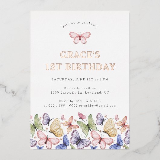 Boterfly Birthday Folie Uitnodiging (Voorkant)