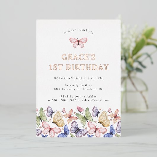 Boterfly Birthday Folie Uitnodiging (Staand Voorkant)