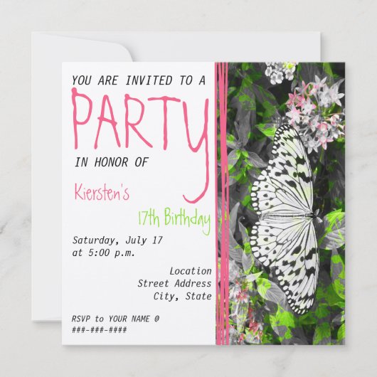 Boterfly Birthday Invitation - Black White Color Kaart (Voorkant)