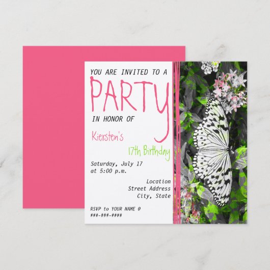 Boterfly Birthday Invitation - Black White Color Kaart (Voorkant / Achterkant)