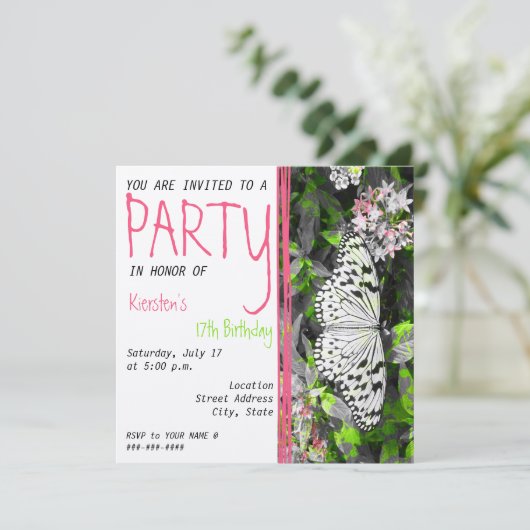Boterfly Birthday Invitation - Black White Color Kaart (Staand voorkant)