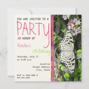 Boterfly Birthday Invitation - Black White Color Kaart