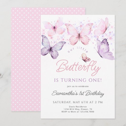 Boterfly Birthday Invitation, First Birthday Invi Kaart (Voorkant / Achterkant)
