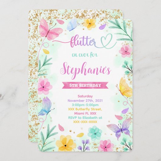Boterfly Birthday Invitation Kaart (Voorkant / Achterkant)
