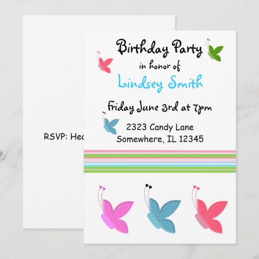 Boterfly Birthday Invitation Kaart (Voorkant / Achterkant)