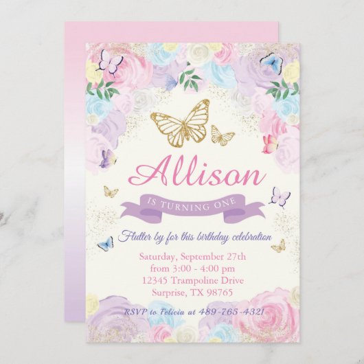 Boterfly Birthday Invitation Kaart (Voorkant / Achterkant)