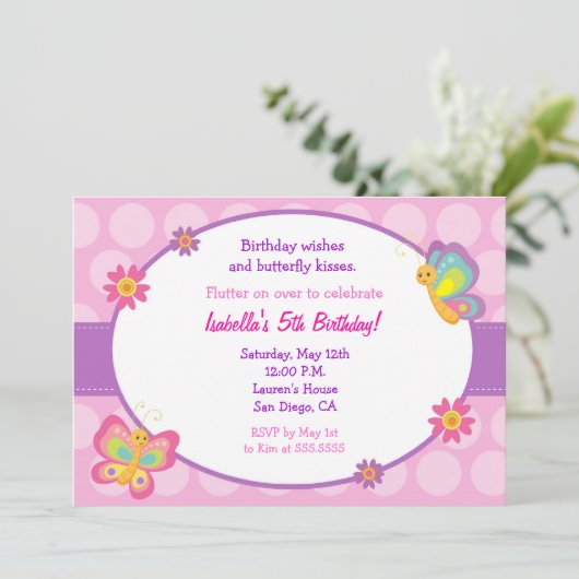 Boterfly Birthday Invitation Kaart (Staand voorkant)