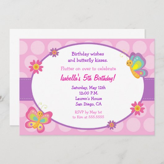 Boterfly Birthday Invitation Kaart (Voorkant / Achterkant)