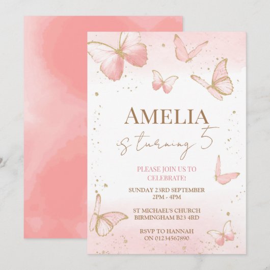 Boterfly Birthday Invitation Kaart (Voorkant / Achterkant)