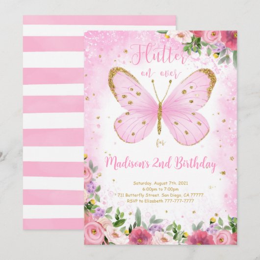 Boterfly Birthday Invitation Kaart (Voorkant / Achterkant)