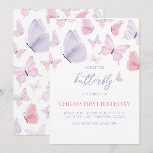 Boterfly Birthday Invitation Kaart (Voorkant / Achterkant)