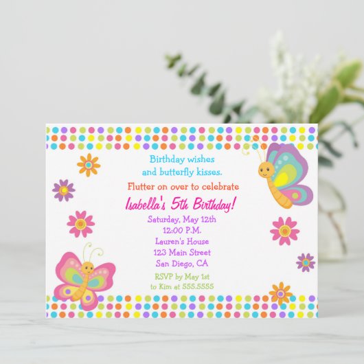 Boterfly Birthday Invitation Kaart (Staand voorkant)