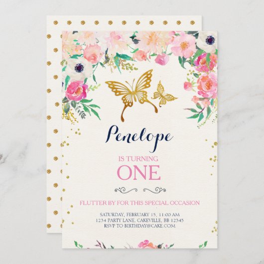 Boterfly Birthday Invitation Kaart (Voorkant / Achterkant)