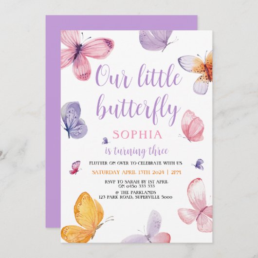 Boterfly Birthday Invitation Kaart (Voorkant / Achterkant)