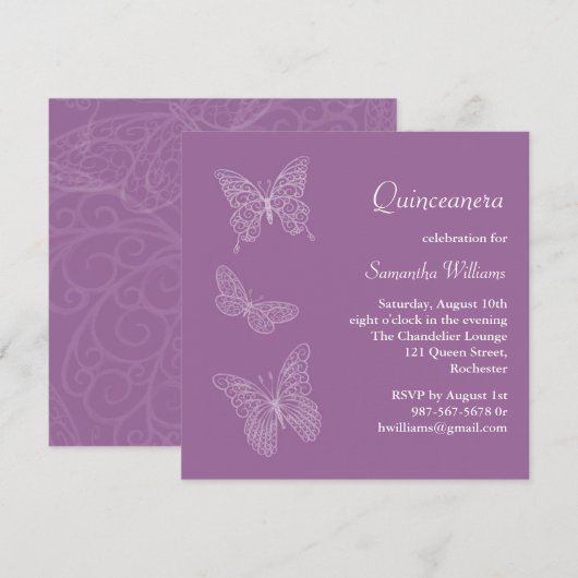 Boterfly Birthday Invitation (paars) Kaart (Voorkant / Achterkant)
