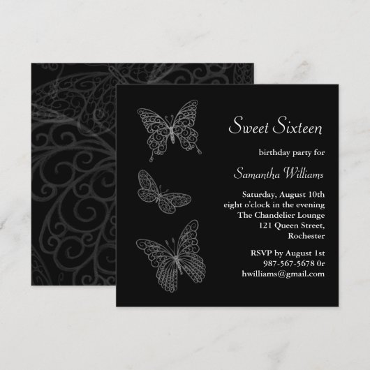 Boterfly Birthday Invitation (zwart) Kaart (Voorkant / Achterkant)