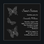 Boterfly Birthday Invitation (zwart) Kaart<br><div class="desc">Whimsical butterflies accentueren deze verjaardagsuitnodiging op een dramatische achtergrond. Het is afgebeeld op het basisdocument; Ik adviseer echter het gewicht en de textuur van linnenpapier.</div>