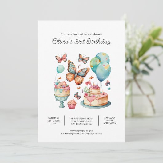 Boterfly Birthday Party Invitations Kaart (Staand voorkant)