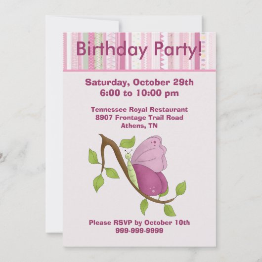 Boterfly Birthday Party Invitations Kaart (Achterkant)