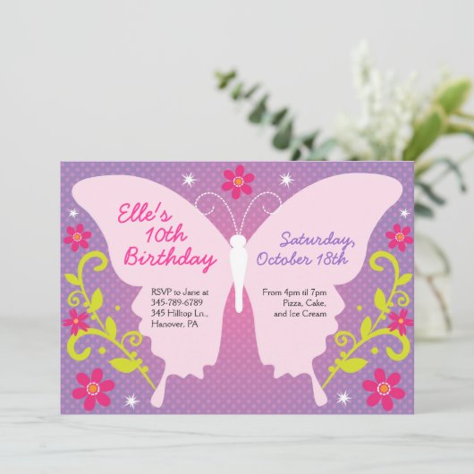 Boterfly Birthday Party Invitations Kaart (Staand voorkant)