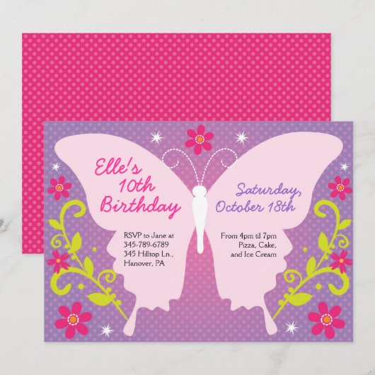 Boterfly Birthday Party Invitations Kaart (Voorkant / Achterkant)