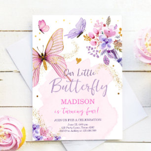 Boterfly Birthday Party Paarse Floral Pink Girl I Kaart