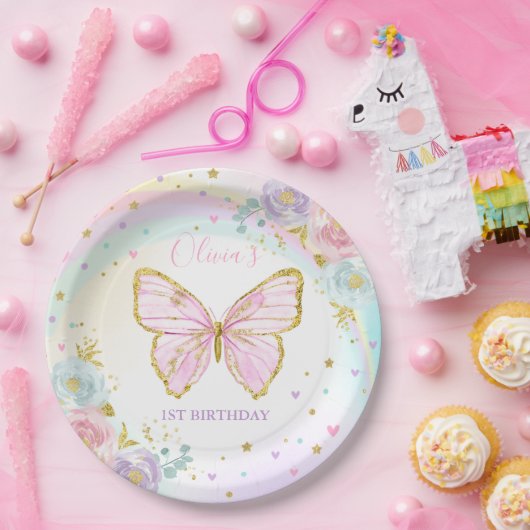 Boterfly Birthday Party roze Floral Butterfly Papieren Bordje (Feest)