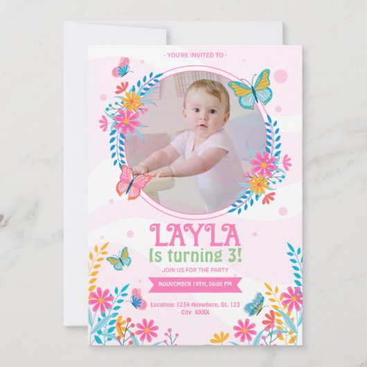 Boterfly Birthday-uitnodiging met foto Kaart (Voorkant)