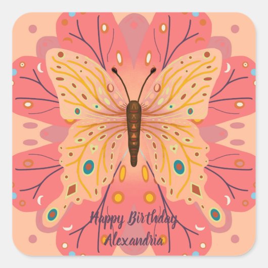 Boterfly Birthday Vierkante Sticker (Voorkant)