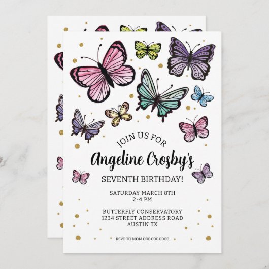 Boterfly Birthday Waterverf Glitter Download Kaart (Voorkant / Achterkant)