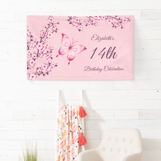 Boterfly Cherry Blossom Pink Glitter Banner (Insitu)