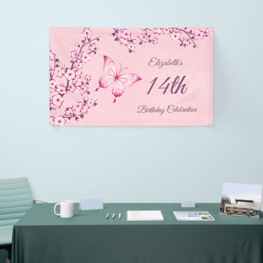 Boterfly Cherry Blossom Pink Glitter Banner (Beurs)