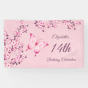 Boterfly Cherry Blossom Pink Glitter Banner