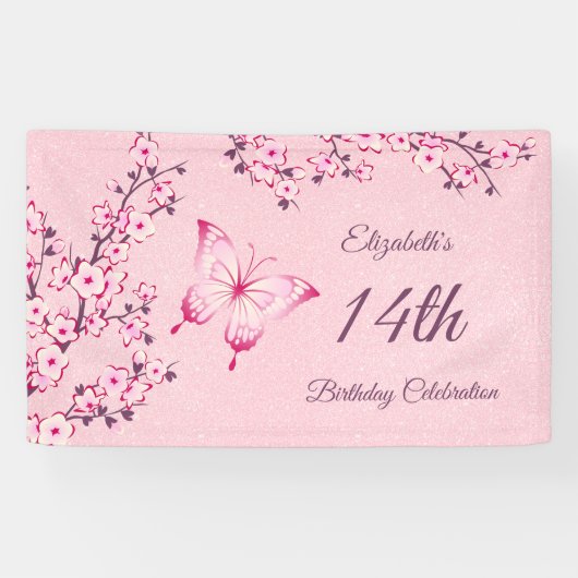 Boterfly Cherry Blossom Pink Glitter Banner (Horizontaal)