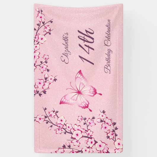 Boterfly Cherry Blossom Pink Glitter Banner (Verticaal)