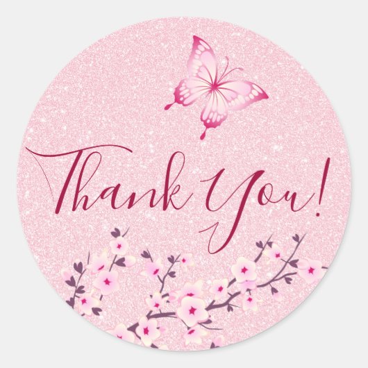 Boterfly Cherry Blossom Pink Glitter Dank u Ronde Sticker (Voorkant)
