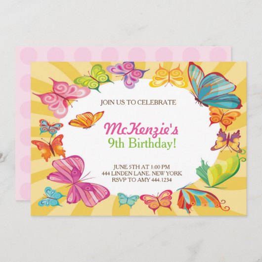 Boterfly Colorful Birthday Party Invitations Kaart (Voorkant / Achterkant)