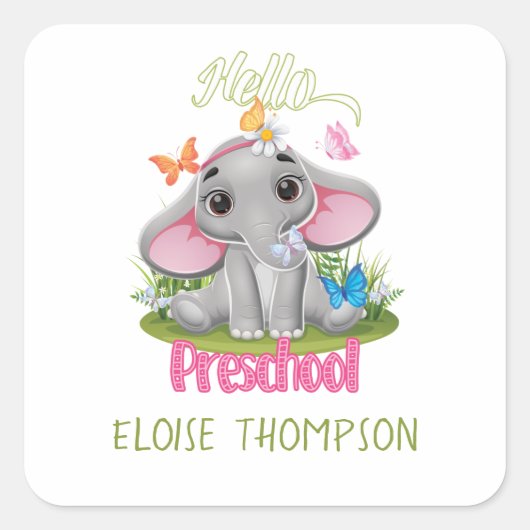 Boterfly Elephant Preschool Terug naar school Vierkante Sticker (Voorkant)