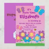 Boterfly en Flowers Birthday Party Invitation Kaart (Voorkant / Achterkant)